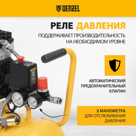 Компрессор безмасляный DENZEL DLS950/24, 950 Вт, 165 л/мин, ресивер 24 л, малошумный
