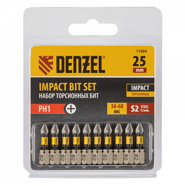 Бита DENZEL IMPACT, PH1x25 мм, лазерная обработка шлица, сталь S2, 10 шт., Е 6,3