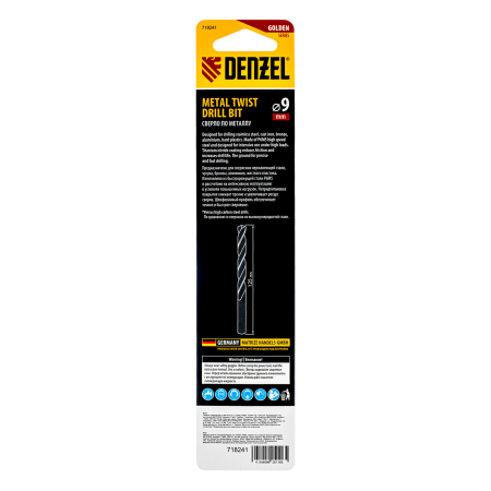 Сверло спиральное по металлу DENZEL 9 x 125 мм, Р6М5, Golden Tip