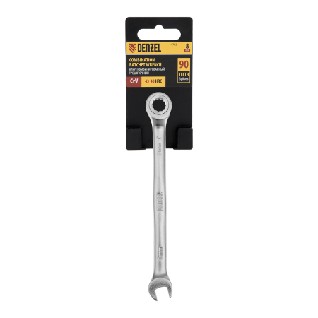Ключ комбинированный трещоточный DENZEL, 8 мм, CrV, матовый хром