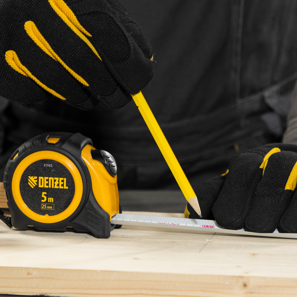 Рулетка DENZEL 5м х 25мм, обрезиненный корпус, автоматическая фиксация