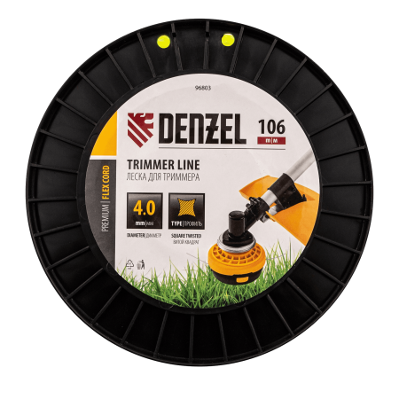 Леска для триммера DENZEL 96803 витой квадрат, 4,0мм х 106м, на DIN катушке FLEX CORD