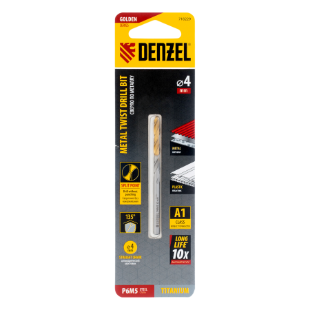 Сверло спиральное по металлу DENZEL 4 x 75 мм, Р6М5, Golden Tip