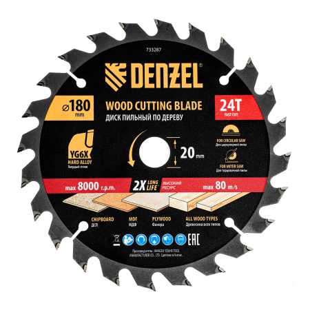 Пильный диск по дереву DENZEL ф180х 20 мм, 24 зубьев