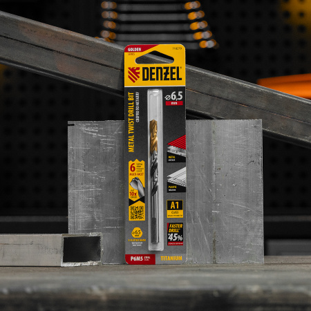 Сверло спиральное по металлу DENZEL 6,5 x 93 мм, Р6М5, Golden Tip, многогранная заточка