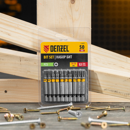 Бита DENZEL PZ3х50, сталь S2, шестигранный профиль, 10 шт. Е 6,3