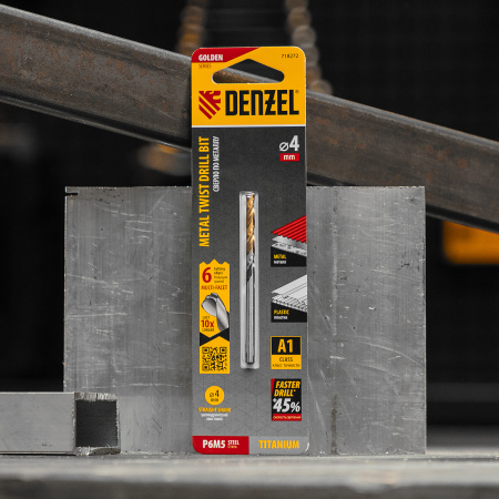 Сверло спиральное по металлу DENZEL 4 x 75 мм, Р6М5, Golden Tip, многогранная заточка