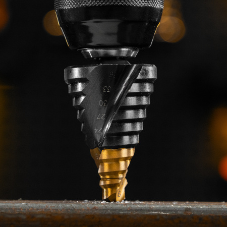 Сверло ступенчатое DENZEL, 9-12-15-18-21-24-27-30-33-36 мм, Р6М5, 6-гр. хвостовик