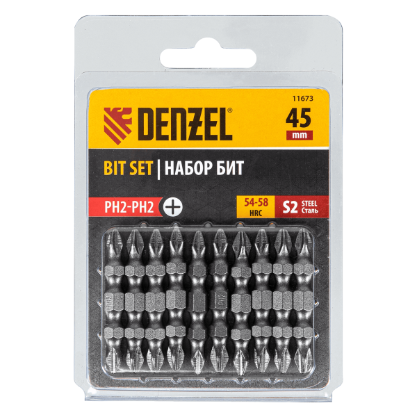 Бита DENZEL двухсторонняя, PH2-PH2 х 45 мм, сталь S2, 10 шт.