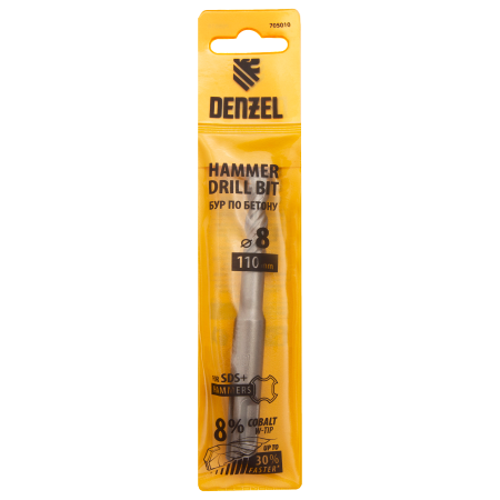 Бур по бетону DENZEL 705010, 8 x 110 мм, двойная спираль, три пылеотводящие кромки