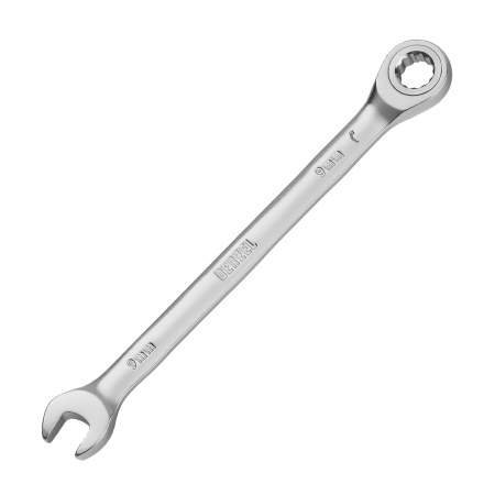 Ключ комбинированный трещоточный DENZEL, 9 мм, CrV, матовый хром