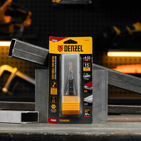 Сверло ступенчатое DENZEL, 4-6-8-10-12-14-16-18-20-22-24-26-28-30-32 мм, Р6М5, 6-гр. хвостовик