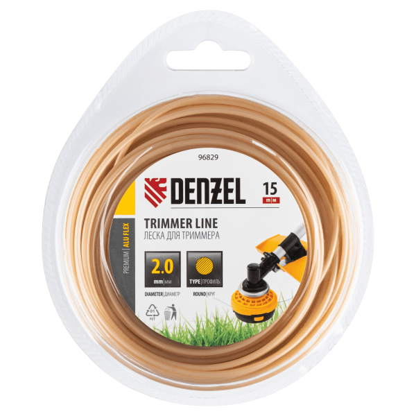 Леска для триммера DENZEL армированная алюминием круглая, 2,0мм х 15м, блистер ALUFLEX