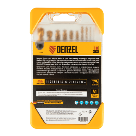 Набор сверл по металлу DENZEL 1-10 мм, HSS-Tin, Golden Tip, 10 шт