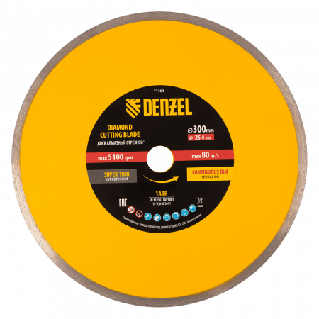 Диск алмазный сплошной DENZEL супертонкий, 300 х 25,4 мм, горячее прессование, мокрое резание
