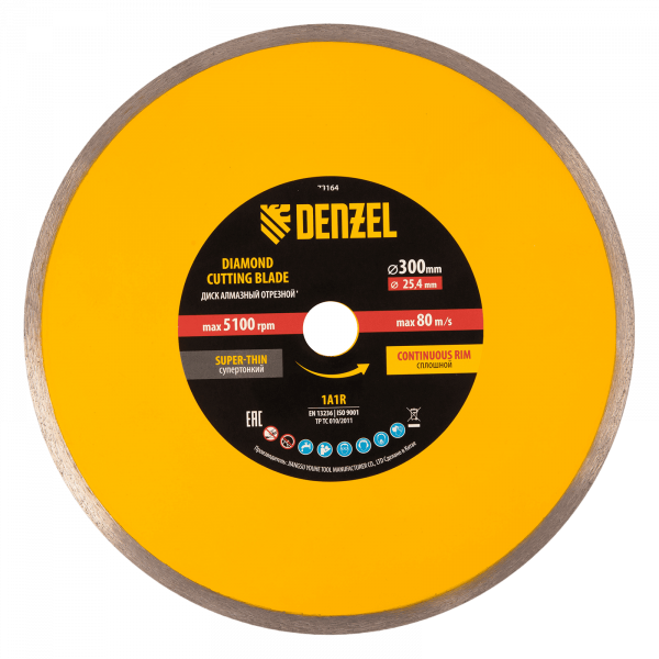 Диск алмазный сплошной DENZEL супертонкий, 300 х 25,4 мм, горячее прессование, мокрое резание