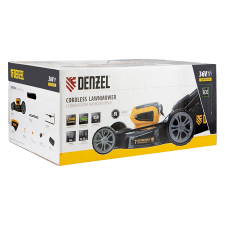 Газонокосилка аккумуляторная бесщеточная RLM450-36, Li-ion, 36 В, 4 Ач, 450 мм, травосборник 40 л Denzel