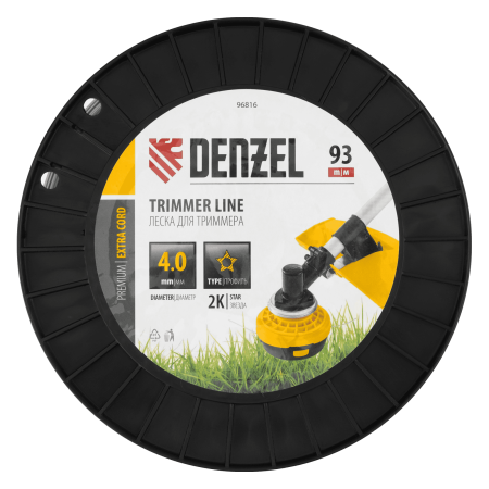 Леска для триммера DENZEL двухкомпонентная звезда, 4,0мм х 93м, на DIN катушке EXTRA CORD