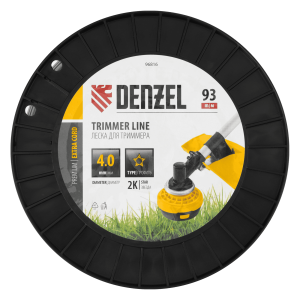 Леска для триммера DENZEL двухкомпонентная звезда, 4,0мм х 93м, на DIN катушке EXTRA CORD