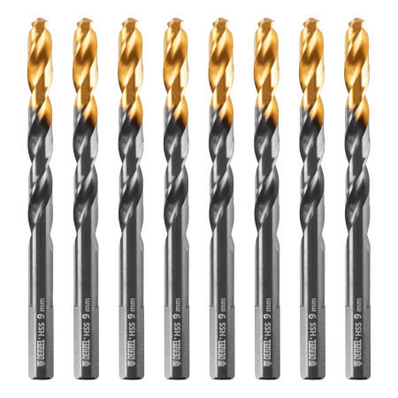 Сверло по металлу DENZEL 9 мм, HSS-Tin, Golden Tip, 8 шт.