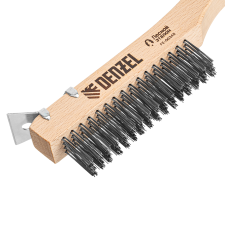 Щетка зачистная 4-х рядная DENZEL, проволока из нержавеющей стали с деревянной ручкой скребок, EFP