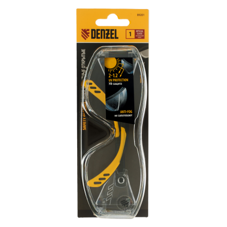 Очки защитные открытые DENZEL поликарбонатные, увеличенная прозрачная линза,  регулируемые дужки