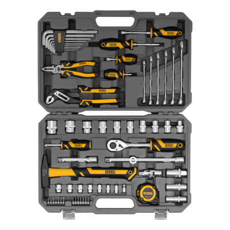 Набор инструментов DENZEL 1/2", 1/4", CrV, S2, пластиковый кейс, 64 предмета