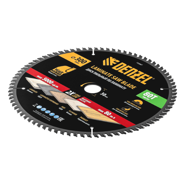 Пильный диск по ламинату DENZEL ф300 х 30 мм, 80 зубьев