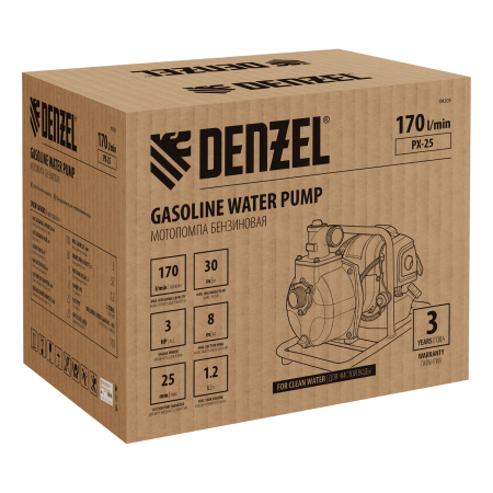 Мотопомпа бензиновая для чистой воды PX-25 DENZEL 52 см3, 1", 170 л/мин, глуб 8 м, напор 30 м