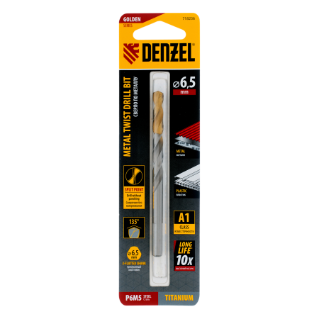 Сверло спиральное по металлу DENZEL 6,5 x 100 мм, Р6М5, Golden Tip