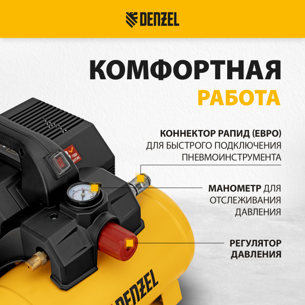 Компрессор DENZEL DLS750/6 безмасляный малошумный 750 Вт, 140 л/мин,ресивер 6 л