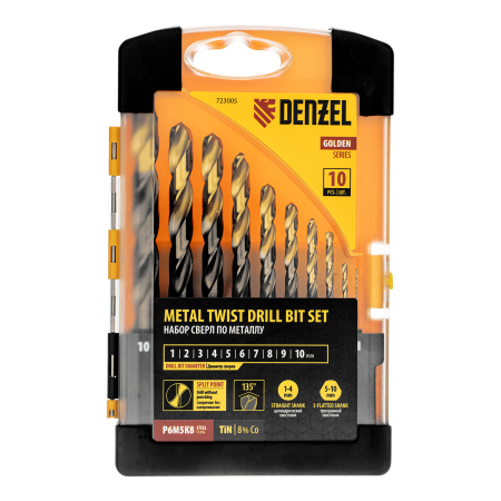 Набор сверл по металлу DENZEL, 1-10 мм, Р6М5К8-TiN, Golden Tip, 10 шт