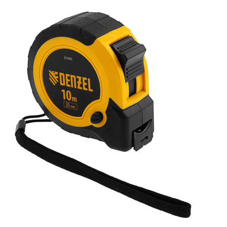 Рулетка DENZEL 10м х 25мм, двухкомп. корпус, кнопка-пауза