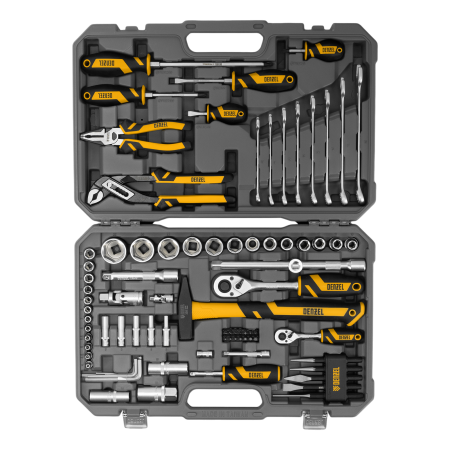 Набор инструментов DENZEL 1/2", 1/4", CrV, S2, пластиковый кейс, 84 предмета