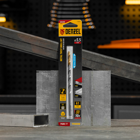 Сверло спиральное по металлу DENZEL 5,5 х 139 мм, Р6М5, Golden Tip, удлиненное