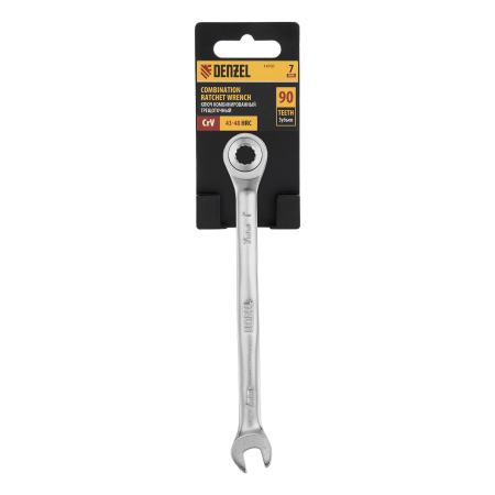 Ключ комбинированный трещоточный DENZEL, 7 мм, CrV, матовый хром