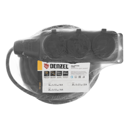 Удлинитель-шнур силовой Top Series DENZEL, КГТТ, 10 м, 3 розетки, 3 x 1,5 мм