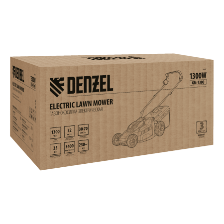 Газонокосилка электрическая DENZEL GM-1300, 1300 Вт, шир. 32 см, 5 уров., травосб. 35 л