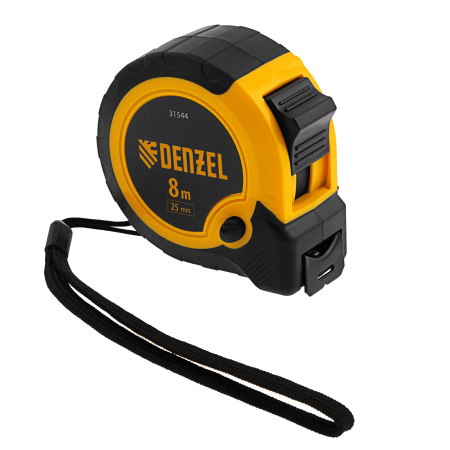 Рулетка DENZEL 8м х 25мм, двухкомп. корпус, кнопка-пауза