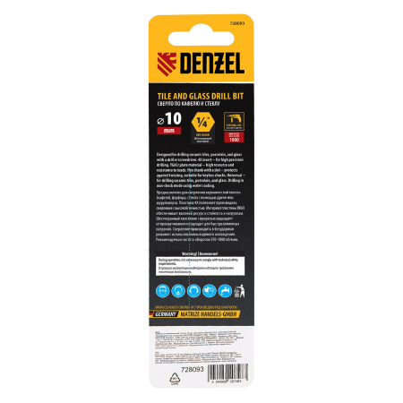 Сверло по керамической плитке DENZEL 10 мм, крестовая пластина, шестигранный хвостовик