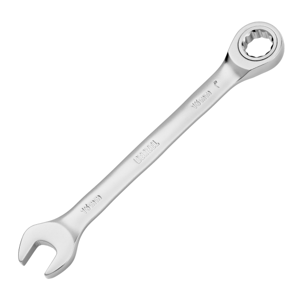 Ключ комбинированный трещоточный DENZEL, 16 мм, CrV, матовый хром