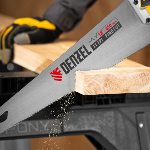 Ножовка по дереву DENZEL 450 мм, 11 TPI, зуб 3D, металлопластиковая рукоятка