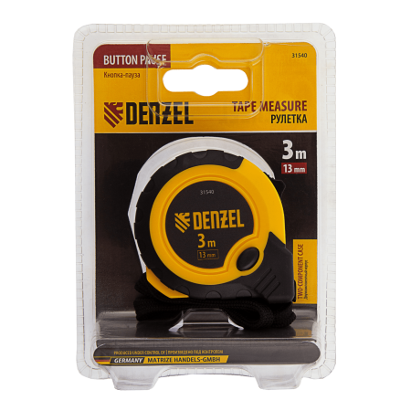 Рулетка DENZEL 3м х 13мм, двухкомп. корпус, кнопка-пауза
