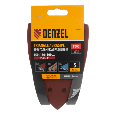 Треугольник абразивный на ворc. подложке под "липучку", перф., P 600, 150х150х100 мм, 5 шт. Denzel