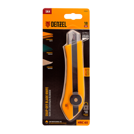 Нож DENZEL 18 мм, сменное лезвие, SK4, метал. направляющая, винтовой фиксатор