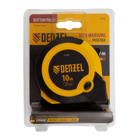 Рулетка DENZEL 10м х 25мм, двухкомп. корпус, кнопка-пауза