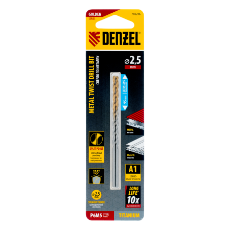 Сверло спиральное по металлу DENZEL 2,5 х 95 мм Р6М5, Golden Tip, удлиненное, 2шт.