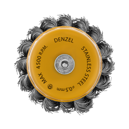 Щетка для дрели DENZEL, 65 мм, Чашка, со шпилькой, нержавеющая крученая проволока