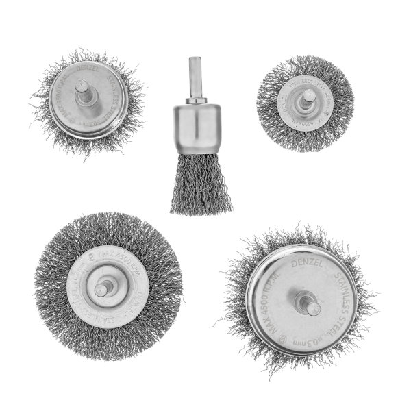 Набор щеток для дрели DENZEL, 2 Плоские 50-75мм, 3 Чашки 25-50-75мм, шпилька,  нерж.вит. проволока