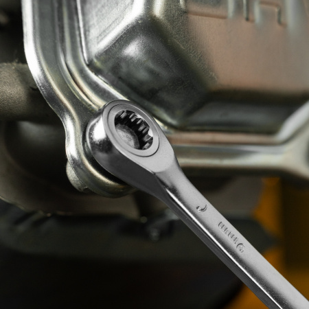 Ключ комбинированный трещоточный DENZEL, 9 мм, CrV, матовый хром